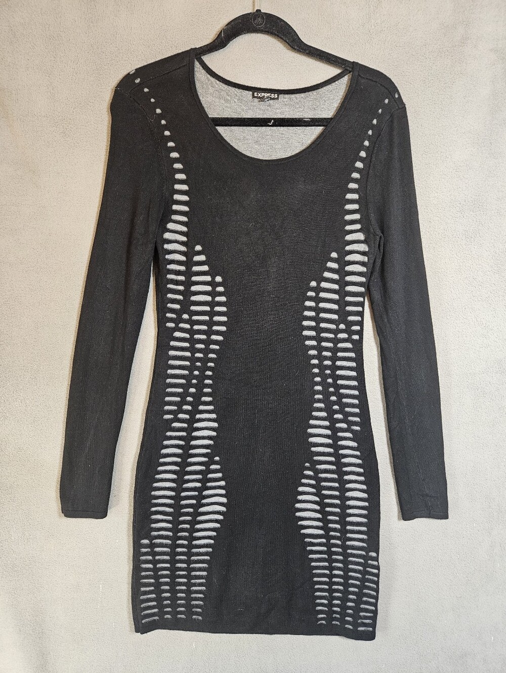 Express Y2K Womens Medium Mini Sweater Dress Black Gray Riped Fitted Long Sleeve